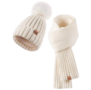 Ensemble bonnet en tricot d'hiver avec pompon et écharpe assortie, accessoires chauds en tricot pour femmes pour les journées froides - Product Image 1
