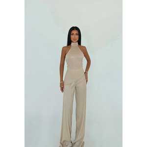 Traje de Pantalón Satinado Beige para Mujer de Oficina, Estilo Casual de Verano con Decoración de Botones y Pliegues - Product Image 3