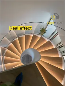 Luxury Gold Indoor Spiral Staircase LED Lights Top Grade Prefab Curved Stair Oak Wood Loft Circular Stairs