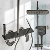 Ensemble de douche thermostatique gris anthracite moderne avec commande à touches piano, système de pluie mural, douchette à main et pulvérisateur de bidet