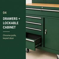 Chariot d'atelier robuste en acier vert avec plateau en bois, panneau perforé et tiroirs, pour garage et atelier