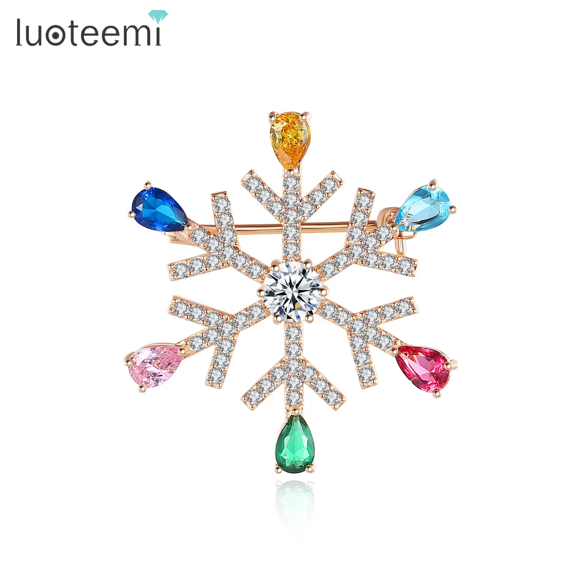 LUOTEEMI Rhinestone Corsage Lapel Pin Rainbow Color Zircon Crystal brooch Bridal Snowflake Brooches And Pins For Christmas