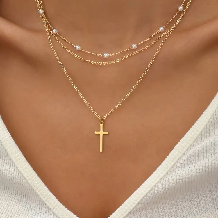 Cadena multicapa con colgante de Cruz para mujer, collar de perlas hecho a mano, de acero inoxidable, joyería