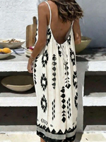 Robe longue camisole grande taille pour femme, coupe droite, imprimé géométrique naturel, dos nu, pour vacances et plage, vente en gros, personnalisable