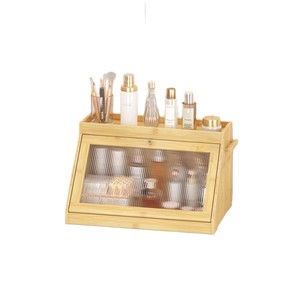 Boîte à pain en bambou double couche avec porte en verre pour le rangement des collations dans la cuisine, grande capacité, ouverture rabattable, couleur unie - Product Image 5