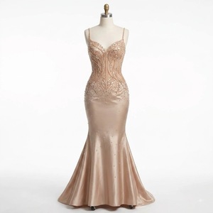 Chunky Bead <b>Sequin</b> Embellished Satin Floor-Length High Neckline Built-in Bra Elegant Mermaid Gown Luxury Evening Party Wear - Product Image 3