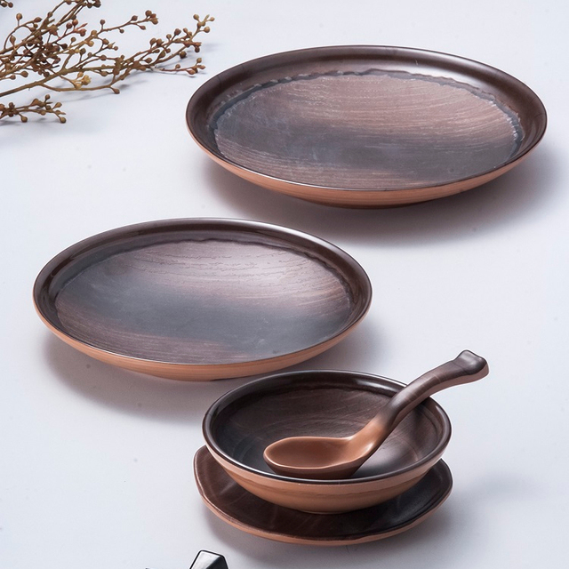 5 Pcs Wood Texture Hard Plastic Bpa Free 100% Melamine Dinnerware Set