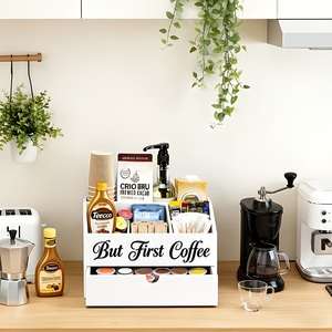 Accessoires de bar en bois à 2 niveaux avec tiroir, station à <span class=keywords><strong>thé</strong></span> et condiments style farmhouse, conteneur en bois pour le stockage des grains de café - Product Image 3