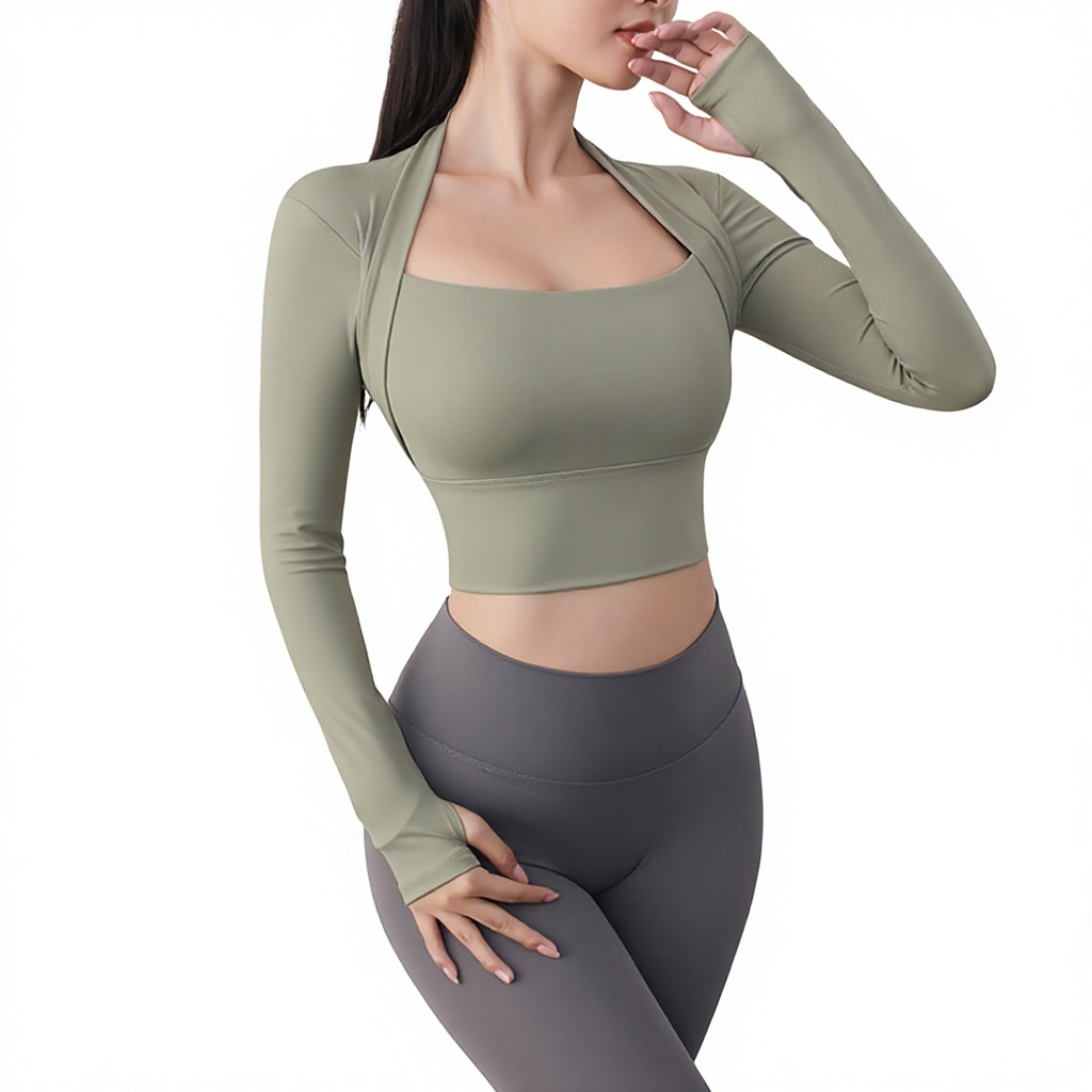 Yoga Top with Chest Pads Cropped Quick-Dry Spandex/Nylon Tight-Fitting Sexy Slimming Long-Sleeved Solid Pattern Sports Top