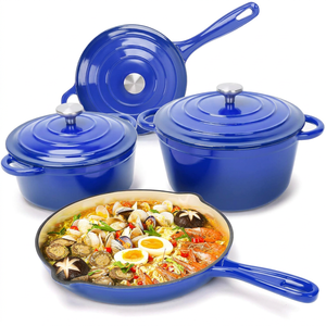 Ensemble de 4 ustensiles de cuisson en fonte émaillée, comprenant un faitout robuste et des casseroles/pannes avec 3 couvercles, compatibles lave-vaisselle et four, pour la cuisine domestique - Product Image 1