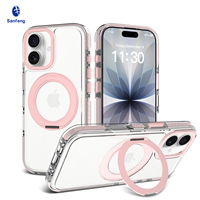 Coque de téléphone magnétique rose mignonne avec cadre d'objectif métallique et support rotatif transparent antichoc pour iPhone 17