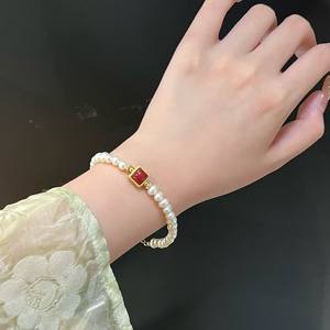 Natural Freshwater Pearl Elastic <b>Rope</b> <b>Bracelet</b> for Women New Chinese Style Light Luxury Versatile Cinnabar Jade Fashion Brooches - Product Image 5