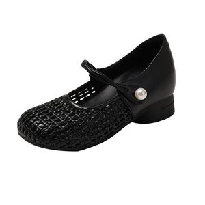 <span class=keywords><strong>Sandales</strong></span> <span class=keywords><strong>d</strong></span>'été respirantes en cuir tressé ajouré pour femmes, style Little Mary Jane, avec semelle intérieure rehaussante et film de protection double couche - Product Image 5