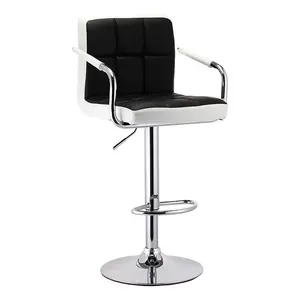 Preto PU Couro Counter Altura Bar Stool com metal ajustável Barstool High Back, cadeiras giratórias Bar