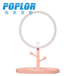 Poplor Cosmetic <b>Mirror</b> Round <b>Plastic</b> Desktop Lighted Makeup <b>Mirror</b> With Tray For Beauty And Dressing - Product Image 5