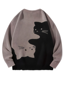 Pull en tricot pour homme avec motif de chat, design de personnage imprimé sur le devant, manches régulières, style automne 2027 - Product Image 2