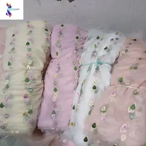 Cheap price cute breathable nylon spandex bead mesh tulle embroidery lace stock fabric for kid dress