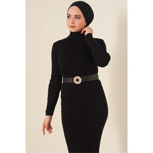 Robe pull col roulé côtelée noire pour femme avec ceinture perlée, coupe classique, tenue modeste, manches longues - Product Image 1