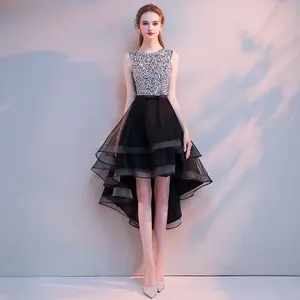 Vendita della fabbrica della principessa poco vestito nero elegante paillettes A-line high-low abito da sera