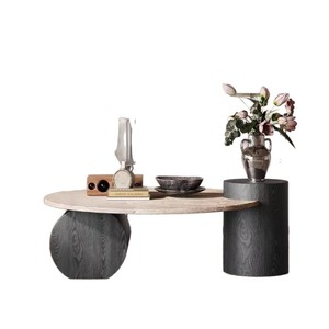 Wabi Sabi Style <b>Round</b> Natural Travertine Coffee <b>Table</b> Black <b>Walnut</b> Marble Top For Living Room Home Use - Product Image 5