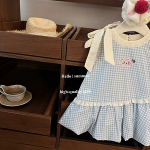 Child Star Circle Girls Blue Plaid Sleeveless Dress With <b>Bow</b> Breathable Summer Wear - Product Image 3