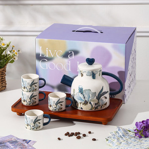 Novelty Gifts Flower <b>Tea</b> Pot <b>Set</b> Ceramic Coffee <b>Set</b> Vintage <b>Tea</b> <b>Set</b> with Wood Tray - Product Image 1
