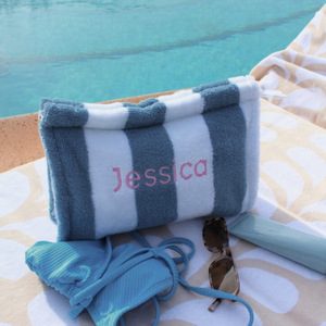 Pochette cosmétique en tissu éponge pour femme, nom brodé, sac de maquillage à fermeture éclair en tissu rayé, organiseur de maquillage, sac de plage - Product Image 5