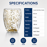 Vaso de Vidrio Reutilizable de Doble Pared con Aislamiento Térmico, Diseño de Estrellas Brillantes, 350 ml, Dorado y Plateado, para Fiestas en Casa, Bar, Café, Té, Cócteles, Regalo