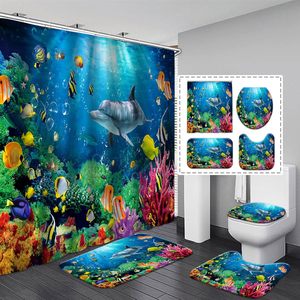 Blue Ocean Underwater Sea World Ensemble de salle de bain 4 pièces Rideau de douche imperméable pour poissons de récif de corail tropical pour hôtels maison - Product Image 4