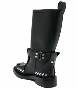 Bottines de cow-boy en cuir véritable pour femmes, style western cool, talon carré, plateforme épaisse, hauteur genou, bottes à boucle pour femmes - Product Image 4