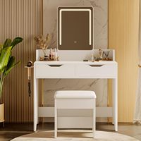 Tabouret de coiffeuse avec miroir LED à commande tactile (3 modes de couleur), 2 tiroirs, support pour sèche-cheveux, maquillage écologique