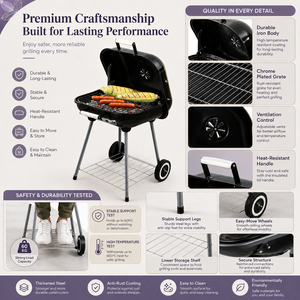 Griglia Portatile a Carbone con Coperchio a Cerniera, Controllo Ventilazione e Ruote, <span class=keywords><strong>Barbecue</strong></span> da Esterno <span class=keywords><strong>per</strong></span> Patio - Product Image 4