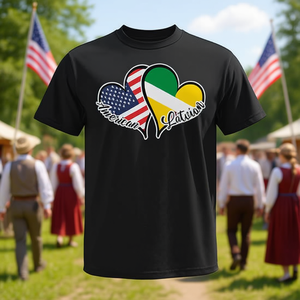T-shirt con bandiera americana a forma di cuore e mezza bandiera della Lettonia, con design promozionale a tema radici, disegnato in Lettonia per gli americani di origine lettone. - Product Image 3