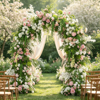 Ensemble d'arches florales pastorales style Monet, fleurs artificielles roses, blanches et vertes pour décoration de toile de fond de mariage en extérieur et événements photographiques
