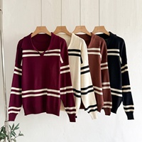 Sweater rajut wanita, kerah garis-garis kontras kasual longgar dan serbaguna gaya malas setelan rajutan