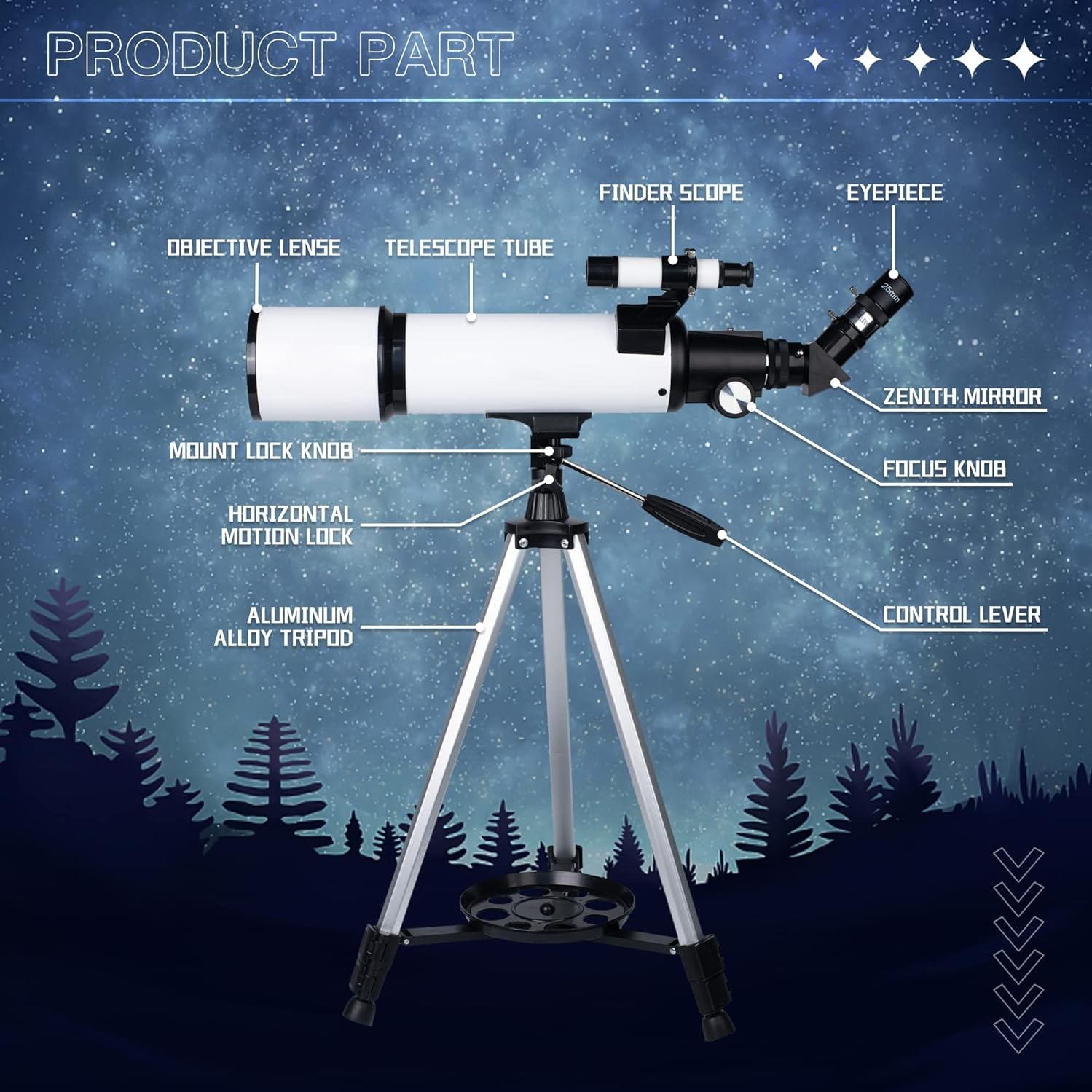 60080mm Astronomical Refracting Telescope AZ Mount, 24X-180X