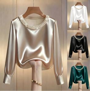 Women's Pearl Beaded Neck Satin Blouse - Long Sleeve Crew Neck Casual <b>Top</b> Shirt Fashion - Product Image 5