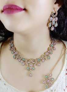 Gold Plated AD Stone Choker <b>Necklace</b> Set with Maangtikka | Best Wedding Jewelry for Wedding Engagement and Anniversary - Product Image 6