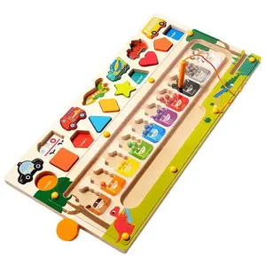 Mainan labirin Puzzle kayu 3-in-1 bentuk warna papan permainan Puzzle kayu edukasi dini manik-manik magnetik Montessori