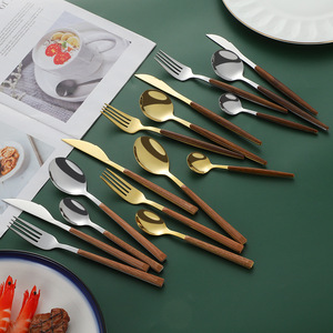 Ensemble de couverts en acier inoxydable 24 pièces avec manches imitation bois, couteau, fourchette et cuillère pour usage domestique - Product Image 2