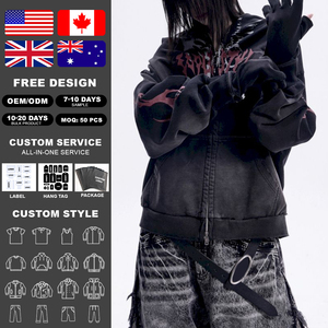 Sudadera con capucha personalizada de algodón transpirable con efecto lavado, cierre de cremallera bidireccional, diseño Y2K oversize, unisex, estampada y desgastada. - Product Image 2