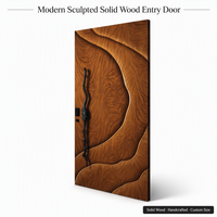 Modern Solid Wood Door Sculptural Wave Design Honey Brown Matte Black Handle Flush Interior B2B Wholesale Factory Price