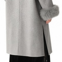 Manteau en laine pour femme - Manteau long d'hiver gris avec col et poignets en fourrure luxueux, veste de bureau ajustée pour le quotidien - Logo personnalisé