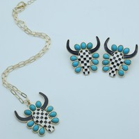 Ensemble Collier et Boucles d'Oreilles Rétro Nouveauté Tête de Taureau Cowboy Western en Alliage Navajo avec Turquoise Colorée Bijoux de Mode Vente en Gros