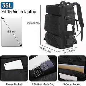 Sac à dos tactique 36-56L en nylon, système Molle, fermeture éclair, unisexe, bandoulière souple, poche pour bouteille d'eau, utilisation en extérieur - Product Image 3