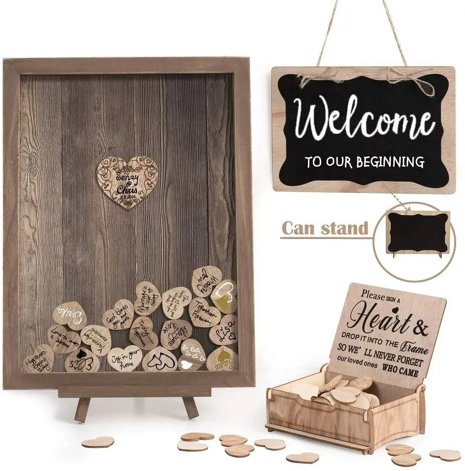 H-115 Alternative Personalized Wedding Drop Top Guest Frame Sign Book With Wooden Hearts for rustic wedding decorations