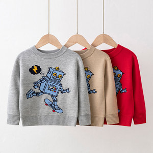 Pull à motifs de dinosaures à la mode pour garçons pour enfants Décoration jacquard à rayures d'hiver et d'automne - Product Image 1
