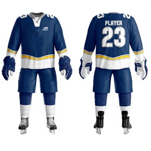 Uniforme de Hockey sobre Hielo LONG MISSION INDUSTRY para Hombre, Ropa de Práctica Azul, Blanca y Amarilla, Impresión por Sublimación, Transpirable, 100% Poliéster, para Adultos - Product Image 1