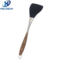 Spatule à fentes en silicone résistante à la chaleur de style moderne avec manche en acier inoxydable durable et revêtement en bois pour la cuisine domestique