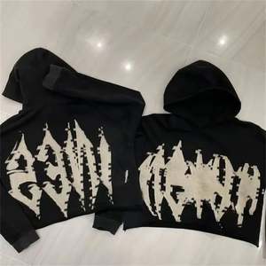 Vente en gros, logo personnalisé, patch brodé vintage, épaule tombante, ourlet brut, streetwear, pull à capuche unisexe - Product Image 3